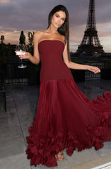 Burgundy Strapless Lace-Up Pleated 3D Floral Hem Evening Gown