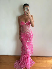 Pink 3D Floral Beaded Sheer Mesh Spaghetti Strap Mermaid Train Evening Maxi Dress