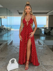 Polka Dot Halter Ruffled Cut-Out High-Slit Maxi Dress
