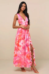 Elisanna Pink Multi Floral Lace-Up Midi Dress