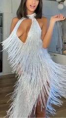 Halter Neck High Slit Tassel Maxi Dress