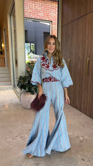 Light Blue Stripe Burgundy Embroidery Flare Sleeve Wide Leg Pants Set