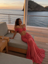 Coral Red Twist Off-Shoulder Crop Top & Draped Maxi Skirt Set