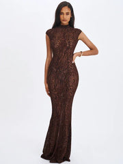 Brown Flocked Leopard Print Sheer Open-Back Turtleneck Mermaid Gown