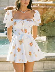 Square Neck Puff Sleeve Lace Trim Floral Print Mini Skater Dress