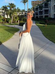 White Cutout Trim Deep V Open-Back Vacation Maxi Dress