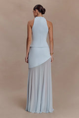 Light Blue Halter Neck Waist-Cinched Asymmetrical Chiffon Maxi Dress | Luxury Elegant Evening Gown