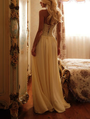 Women Thin Spaghetti Strap Eyelash Lace Corset Bodice Lace Up Back Chiffon Flowy Maxi Dress