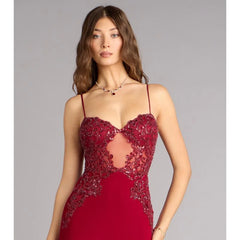 Burgundy Spaghetti Strap Beaded Lace Mesh Mermaid Maxi Dress