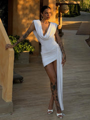 Cowl Neck Draped Sash Bodycon Mini Dress