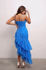 French Vintage Polka Dot Cami Waist-Cinching Asymmetric Ruffle Mermaid Maxi Dress