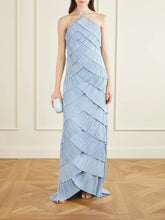 Light Blue Halter Neck Diagonal Layered Pleated Floor-Length Maxi Dress