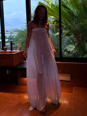 Silver Metallic Pleated Strapless Maxi Dress
