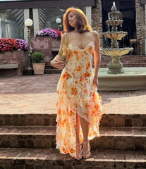 Orange Tie-Dye Floral V-Neck Cami Irregular Ruffle Maxi Dress | Vacation Elegant Beach Dress