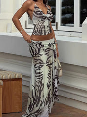 Halter V-Neck Animal Print Tie Waist Two-Piece Set