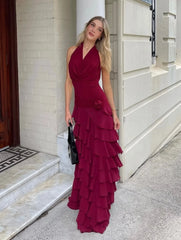 Burgundy Halter Ruched Rose Accent Ruffled Backless Maxi Dress