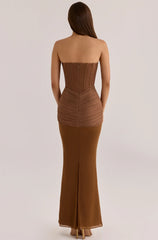 Caramel Brown Strapless Corset Twist Sash Mermaid Maxi Evening Dress