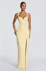Corset Bodice High Slit Draped Gown