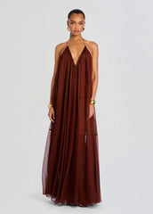 Burgundy Halter Deep V Backless Chiffon Maxi Dress