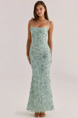 Mint Green Sequin Floral Embroidery Corset Lace-Up Back Mermaid Maxi Evening Dress
