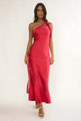 Star Fall One-Shoulder Rosette Maxi Dress Red