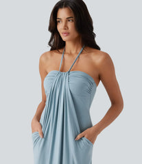 Light Blue Halter Bandeau Draped Maxi Dress with Pockets