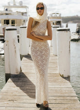 Sleeveless Crew Neck Lace Sheer Back Slit Maxi Evening Dress