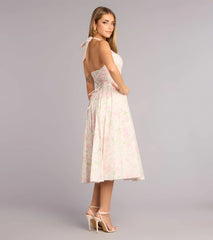 Pink & White Halter Floral Waist-Cinching Tie-Back Midi Dress
