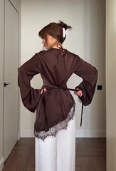 Satin Lace Trim Tie-Waist Flare Sleeve Top Collection