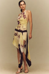 Blurred Floral Print Halter Backless Asymmetrical Dress