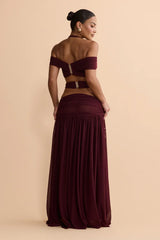 Y2K Halter Off-Shoulder Mesh Cut-Out Waist-Cinching Maxi Two-Piece Set | Sexy Backless Vacation Outfit