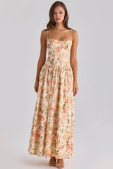 Cream Rose Print Corset Bustier Tiered Spaghetti Strap Maxi Dress
