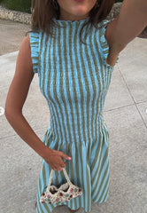 Sleeveless Ruffle High Neck Smocked Vertical Stripe Midi Dress