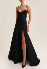 Spaghetti Strap V Neck Lace Trim Open Back High Slit Satin Maxi Slip Dress