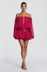 Women Off Shoulder Sheer Puff Sleeve Keyhole Front Back Tie Metallic Waist Chiffon Mini Romper