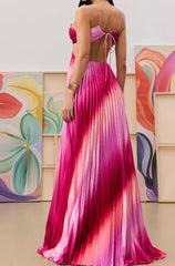 Spaghetti Strap Cutout Gradient Pleated Satin Maxi Evening Dress