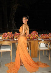 Halter Deep V-Neck Backless Gem-Embellished Chiffon Maxi Dress