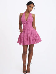 Halter Deep V Lace Fit-and-Flare Mini Dress