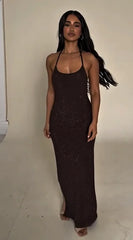 Deep Brown Halter Open-Back Rhinestone Bodycon Maxi Dress