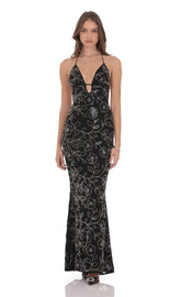 Sexy Sleeveless Halter Deep V Embroidered Dress