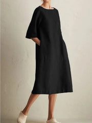 Casual Round Neck Medium Sleeved Cotton Linen Pocket Dress