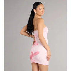 Pink Strapless Beaded Floral Bodycon Mini Dress