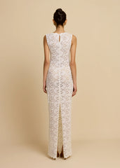 Sleeveless Crew Neck Lace Sheer Back Slit Maxi Evening Dress