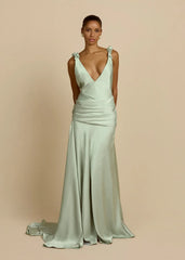 Deep V Open-Back Satin Draped Train Gown
