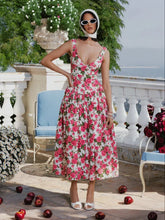 French Rose Print V-Neck Fitted Flared Midi Dress