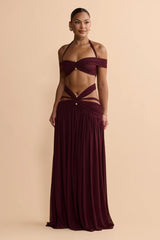 Y2K Halter Off-Shoulder Mesh Cut-Out Waist-Cinching Maxi Two-Piece Set | Sexy Backless Vacation Outfit