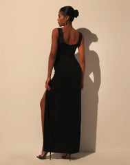 Black Lace Strap Sheer Corset Draped High Slit Maxi Evening Dress
