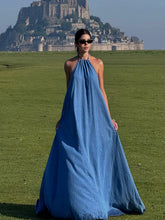 Denim Blue Halter Open-Back Flowy Floor-Length Maxi Dress