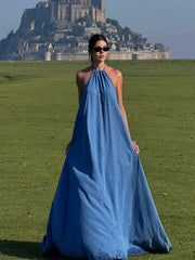 Denim Blue Halter Open-Back Flowy Floor-Length Maxi Dress