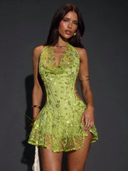 Neon Green Halter Sequin Embroidered Backless Ruffle Mini Dress
